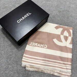 CHANEL Taupe Cream Stripe CC Logo Scarf